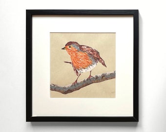 Robin bird screen print (Erithacus rubecula), 30 x 30 cm. Numbered and signed edition. Wall art. Animal illustration.