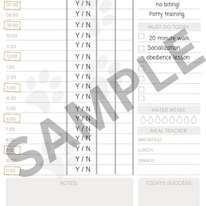 May include: A printable puppy tracker checklist with sections for potty schedule, outside time, pee, poo, top 3 priorities, must do today, water intake, meal tracker, notes, and today's success. The checklist includes a daily schedule from 6:00 AM to 11:00 PM.