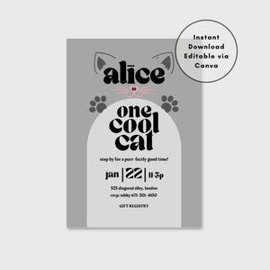 One Cool Cat Birthday Invitation Template, Neutral, Kitty Invitation, Editable Digital Canva Download