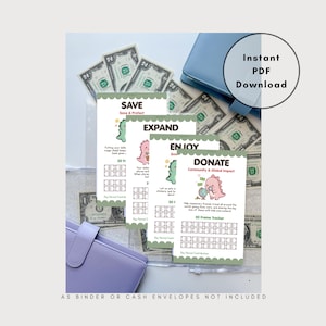 May include: Four white paper financial tracking sheets with scalloped green edges, featuring cartoon dinosaur illustrations and the headings SAVE, EXPAND, ENJOY, and DONATE. Each sheet includes a 20 frame tracker, US dollar bills, and two A5 binders.