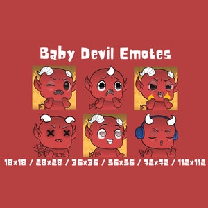 May include: Six different cartoon baby devil emotes with various expressions. The emotes are red with horns, tails, and white eyes. The text "Baby Devil Emotes" is at the top of the image. The text "18x18 / 28x28 / 36x36 / 56x56 / 72x72 / 112x112" is at the bottom of the image.