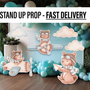 aviator bear How Time Flies Birthday Airplane watercolor cutout decorations babyshower Baby bear pilot lawn yard sign backdrop centerpieces