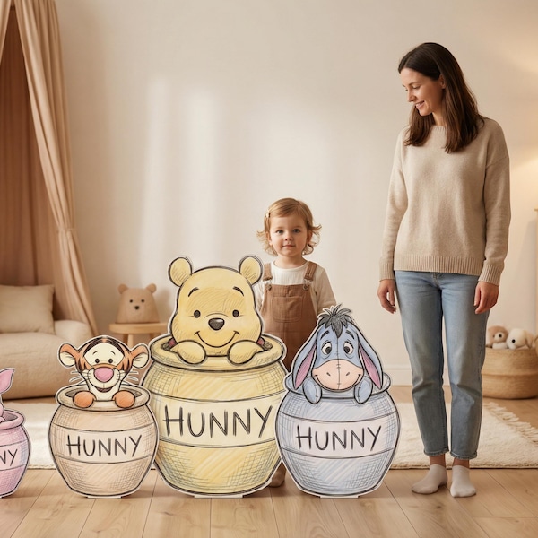 Baby Winnie the Pooh Set Babyshower, klassischer Bär, Winnie the Pooh Dekor, Ausschnitte, Rasenschilder, Hofschild, hochauflösende Bilder