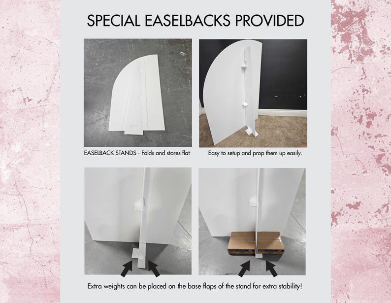 May include: White cardboard easel back stands with instructions on how to fold and prop them up. The stands are designed to be used with backdrops for photography or events.