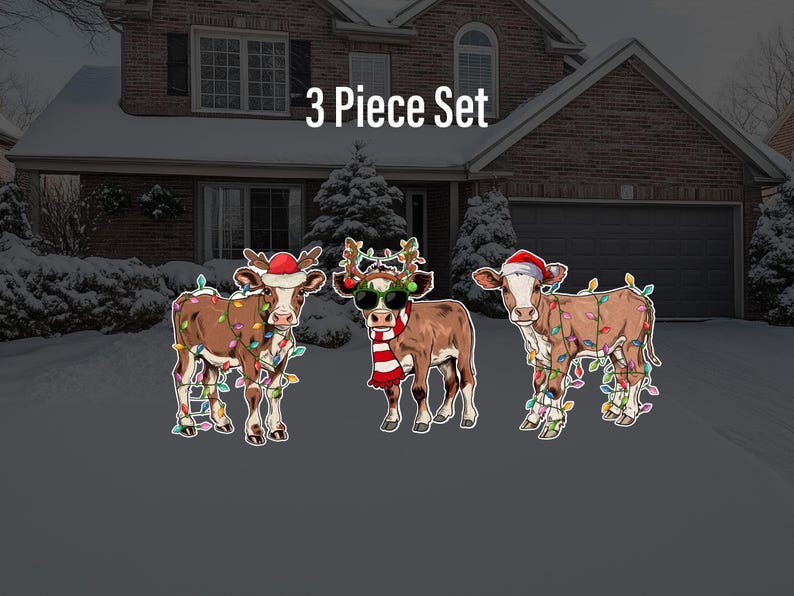 May include: A set of three Christmas-themed cow yard decorations. Each cow is wearing a Santa hat and has colorful lights wrapped around it. The text "3 Piece Set" is displayed above the cows.