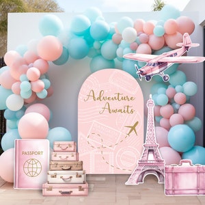 Travel Adventure Theme backdrop Birthday watercolor  airplane cutout decorations baby shower hot air balloon, backdrop, Rigid Boards