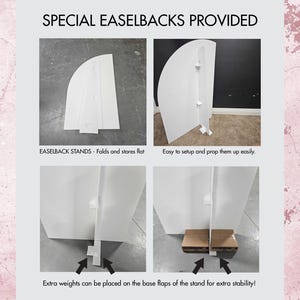 May include: White cardboard easel back stands with instructions on how to fold and prop them up. The stands are designed to be used with backdrops for photography or events.