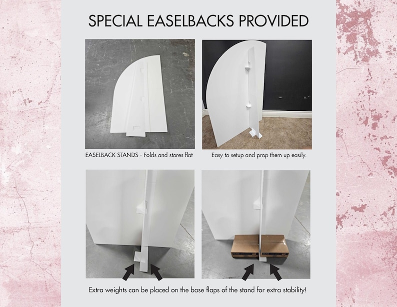 May include: White cardboard easel back stands with instructions on how to fold and prop them up. The stands are designed to be used with backdrops for photography or events.