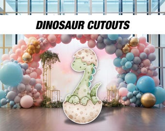 May include: A dinosaur cutout illustration of a green dinosaur hatching from an egg, set against a backdrop of pastel-colored balloons. The text "DINOSAUR CUTOUTS" is displayed above the dinosaur.