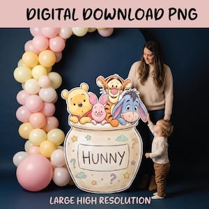 May include: A digital download PNG image featuring a large cutout of Winnie the Pooh and friends in a honey pot. The word "HUNNY" is written on the pot. The image also includes a balloon arch and the text "DIGITAL DOWNLOAD PNG" and "LARGE HIGH RESOLUTION".