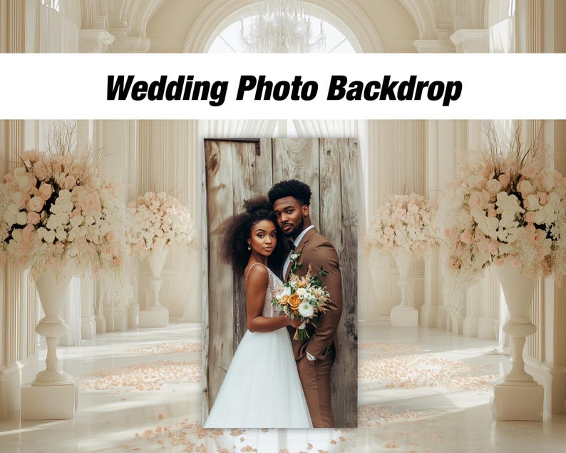 May include: A wedding photo backdrop featuring a couple standing in front of a rustic wooden door. The bride is wearing a white dress and the groom is wearing a brown suit. The backdrop is decorated with white flowers and greenery.
