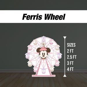 Op de afbeelding: Een roze en wit reuzenrad met een Minnie Mouse-personage in een roze en witte strik. Het reuzenrad heeft 8 gondels en is verkrijgbaar in de maten 60 cm, 75 cm, 90 cm en 120 cm.