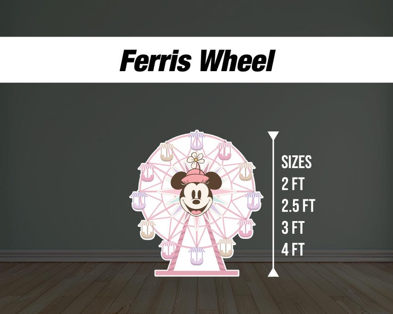 Op de afbeelding: Een roze en wit reuzenrad met een Minnie Mouse-personage in een roze en witte strik. Het reuzenrad heeft 8 gondels en is verkrijgbaar in de maten 60 cm, 75 cm, 90 cm en 120 cm.