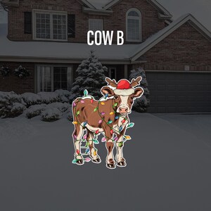 May include: A brown cow wearing a Santa hat and wrapped in Christmas lights. The cow is standing in front of a house with snow on the ground.