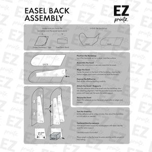 May include: A black and white diagram showing the steps for assembling a backdrop easel. The diagram includes text instructions for unfolding the backdrop, positioning the backdrop, assembling the easel, aligning the easel, exposing the adhesive, attaching the easel supports, securing the easel, testing the stability, and optional reinforcements.