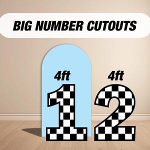 May include: Two large, 4-foot tall, black and white chequered numbers, 1 and 2, on a light blue background.  BIG NUMBER CUTOUTS is written in black text on a white background at the top of the image.