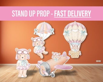 aviator bear Time Flies Decor Cute Bear Airplane parachute Cutout, party decoration, cutouts, lawn signs, yard signs, backdrop centerpieces