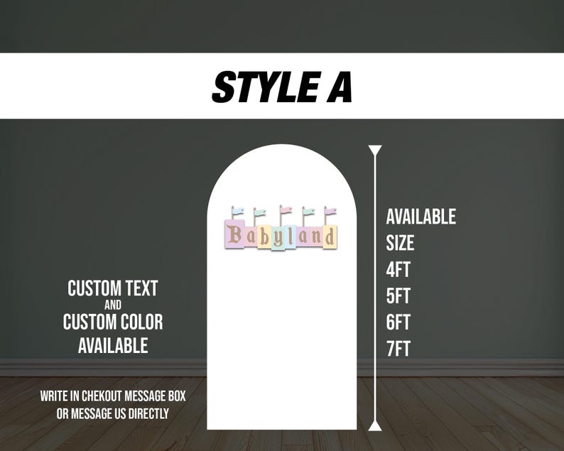 Puede incluir: Un tel&oacute;n de fondo de arco blanco con el texto "Babyland" en bloques de colores. El tel&oacute;n de fondo est&aacute; disponible en tama&ntilde;os de 4 pies, 5 pies, 6 pies y 7 pies. Texto y colores personalizados disponibles.