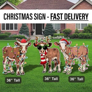May include: Three 36-inch tall Christmas yard signs featuring brown and white cows wearing Santa hats and Christmas lights. The signs are perfect for decorating your yard for the holidays.