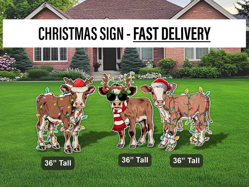 May include: Three 36-inch tall Christmas yard signs featuring brown and white cows wearing Santa hats and Christmas lights. The signs are perfect for decorating your yard for the holidays.