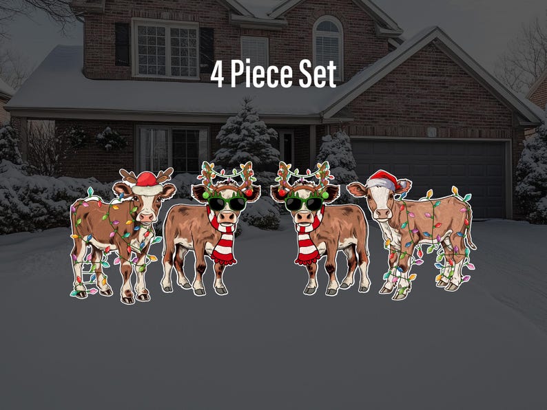 May include: A set of four Christmas-themed cow yard decorations. Each cow is wearing a Santa hat and has colorful lights strung around it. The set includes the text "4 Piece Set".