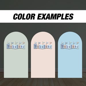 Puede incluir: Tres ejemplos de color para un tel&oacute;n de fondo, que muestran un tel&oacute;n de fondo verde claro, rosa claro y azul claro con el texto "Babyland" en azul claro.
