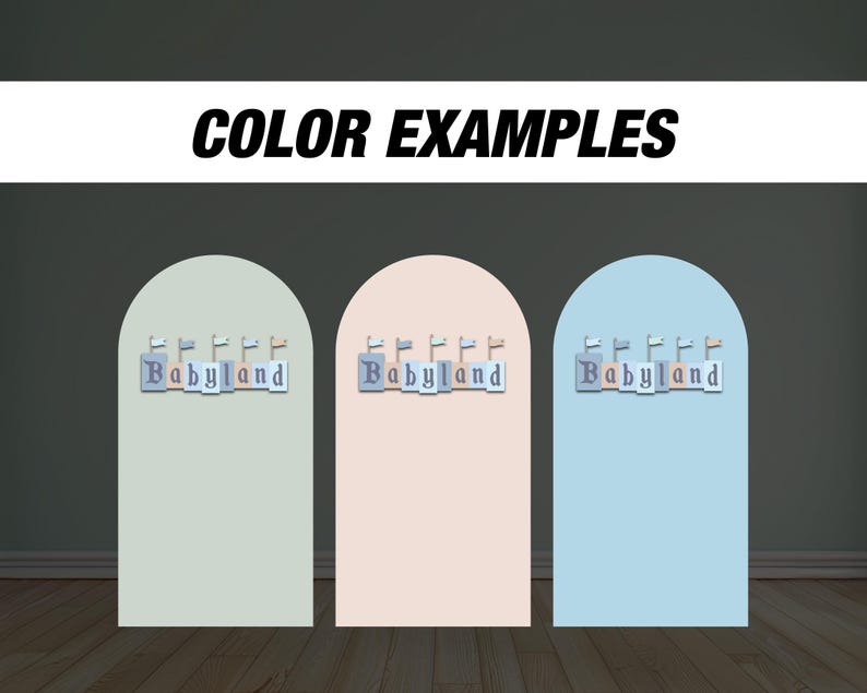 Puede incluir: Tres ejemplos de color para un tel&oacute;n de fondo, que muestran un tel&oacute;n de fondo verde claro, rosa claro y azul claro con el texto "Babyland" en azul claro.