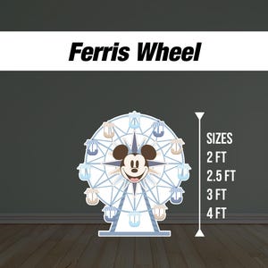 Puede incluir: Una noria azul y blanca con Mickey Mouse en el centro. La noria tiene 8 g&oacute;ndolas. La imagen incluye el texto "SIZES" y los siguientes tama&ntilde;os en pies: 2, 2.5, 3 y 4.