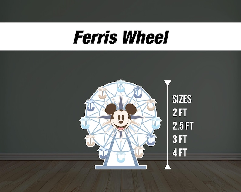 Puede incluir: Una noria azul y blanca con Mickey Mouse en el centro. La noria tiene 8 g&oacute;ndolas. La imagen incluye el texto "SIZES" y los siguientes tama&ntilde;os en pies: 2, 2.5, 3 y 4.