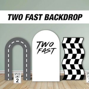 Two fast backdrop birthday with stands. 2 fast 2 curious Retro car, road backdrop, racing race event decoration Party Decor Rigid not fabric