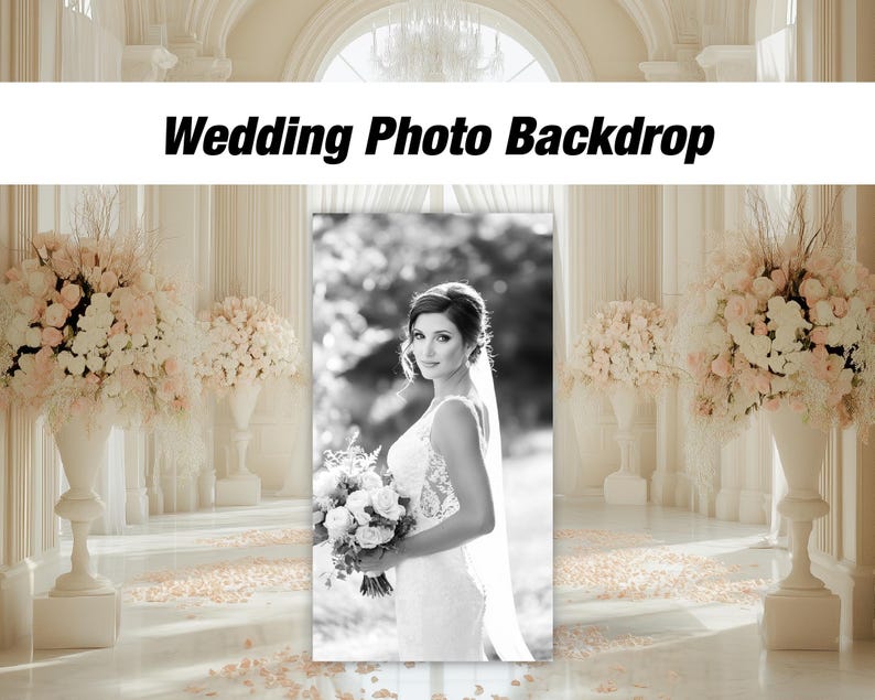 May include: Black and white photo backdrop featuring a bride in a white wedding dress holding a bouquet of flowers. The backdrop is decorated with white flowers and a white archway.