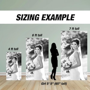 May include: A sizing example for a backdrop showing a bride in a white dress holding a bouquet of flowers. The backdrop is available in three sizes: 4 feet tall, 6 feet tall, and 7 feet tall. The bride is 5'5" tall.