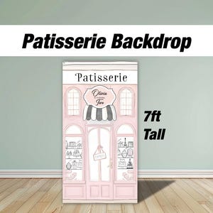 Café party avec décor de pâtisserie, boulangerie française parisienne, voyageur debout, babyshower, baby shower, vitrine, panneau rigide, pas en tissu. haute résolution