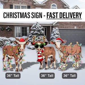 May include: Three 36-inch tall Christmas yard decorations featuring brown and white cows wearing Santa hats and reindeer antlers. Each cow is decorated with colorful Christmas lights.