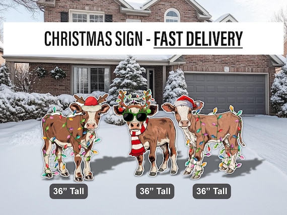 Cow Christmas Cow yard art lawn signs, yard sign, cow christmas lights, outdoor funny decoration, country cow sunglasses santa hats