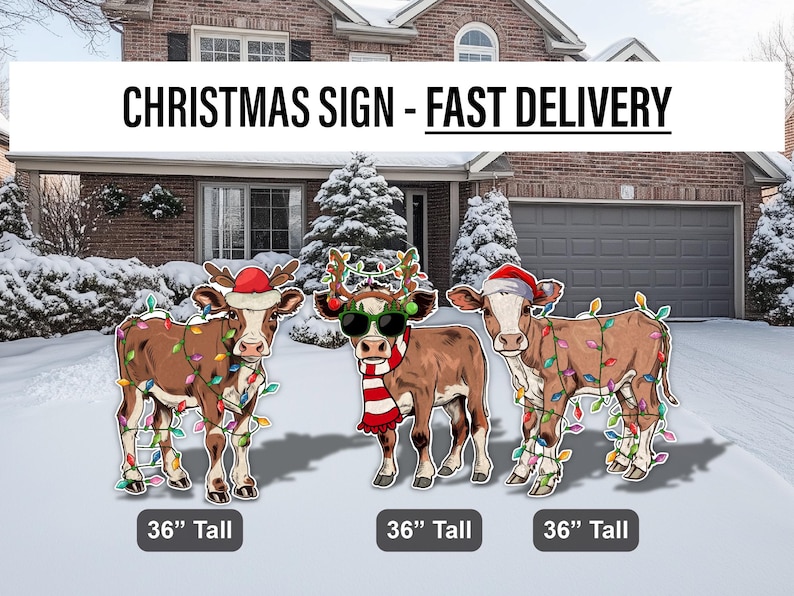 May include: Three 36-inch tall Christmas yard decorations featuring brown and white cows wearing Santa hats and reindeer antlers. Each cow is decorated with colorful Christmas lights.