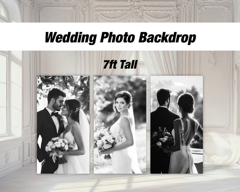 May include: Three black and white photographs of couples in wedding attire. The photos are set against a backdrop of greenery. The photos are 7 feet tall.