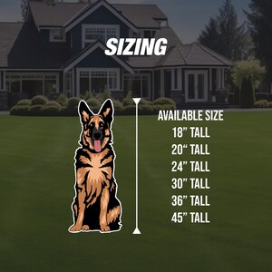May include: A graphic of a German Shepherd dog with sizing options. The text reads "SIZING" and "AVAILABLE SIZE" with options from 18" to 45" tall. The dog is black, tan, and brown, with its tongue out.