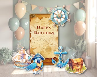 May include: A pirate-themed birthday party decoration set. Includes a treasure map backdrop with "Happy Birthday" text, a ship, a parrot, an anchor, a treasure chest, and a ship's wheel. Balloons in pastel colors and a banner complete the festive scene.