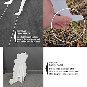 May include: White cardboard cutout of a person with instructions for outdoor use with lawn stakes and indoor use with an easel back.