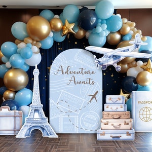 Travel Adventure Theme backdrop Birthday watercolor  airplane cutout decorations baby shower hot air balloon, backdrop, Rigid Boards