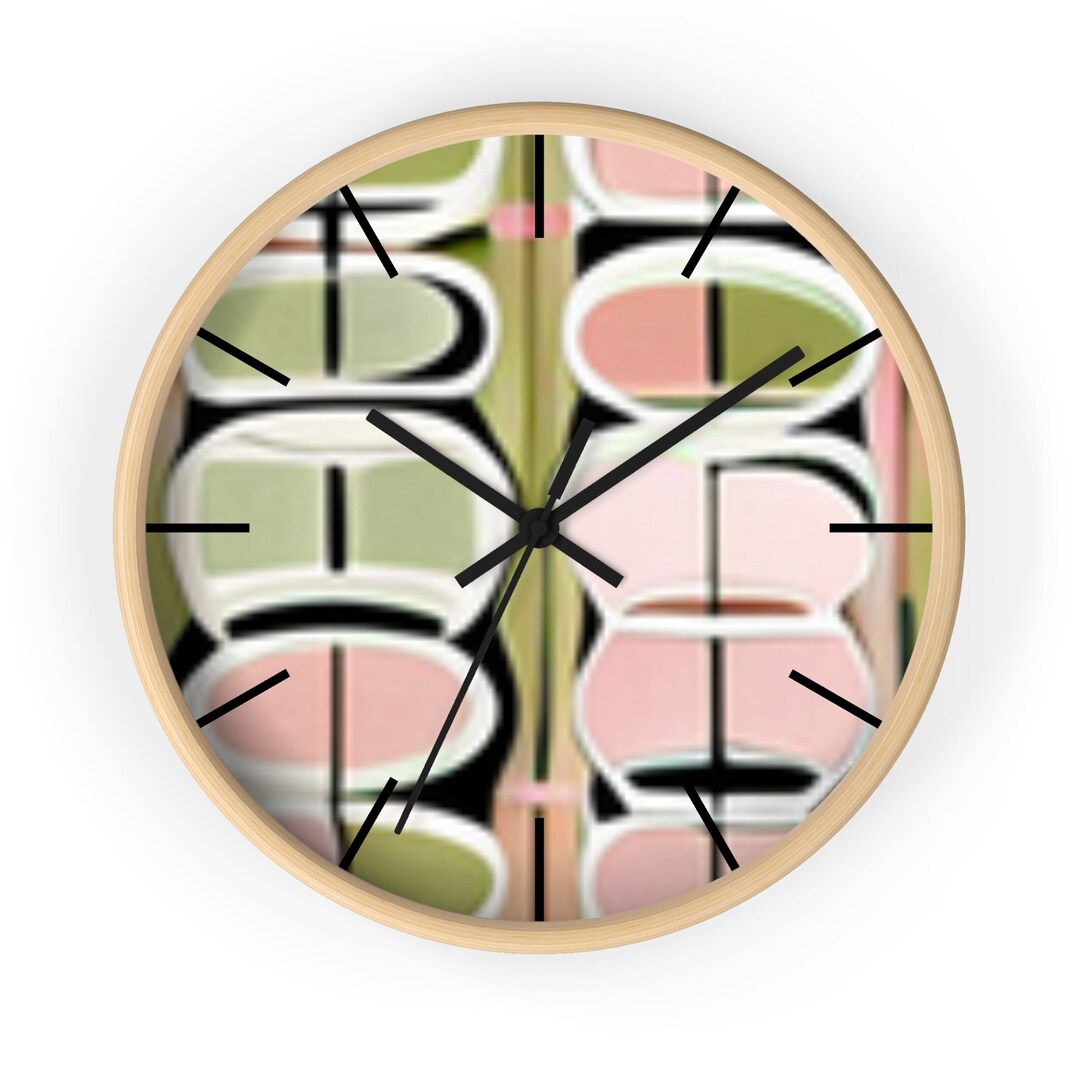 Mid Century Modern Style Wall Clock, Soft Pink and Olive Green Wall