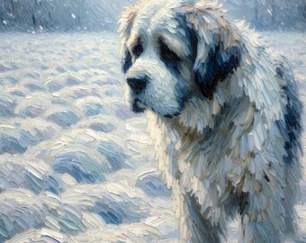 May include: A white and brown dog with a fluffy coat stands in a snowy field. The dog is looking down and to the left, with a thoughtful expression on its face. The snow is painted in a textured style, with brushstrokes visible.
