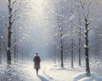 May include: An oil painting depicts a snowy forest scene with a person walking away on a path. The trees are bare, covered in snow, and the ground is blanketed in white. The color palette is primarily cool tones of white, gray, and blue.