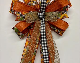 Fall Pumpkin Bow: Buffalo Check Ribbon, Sunflowers, Farmhouse Wreath Decor