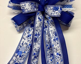 Blue Floral Wreath Bow, Patriotic Cottagecore, Lace Trim