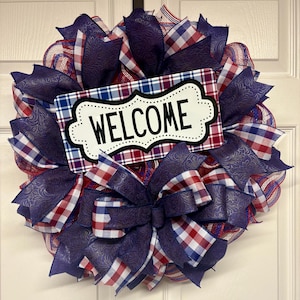 Patriotic Welcome Wreath for Front Door, Red White Blue Plaid Wreath, Forth of July Door Decor, Rustic Patriotic Wreath, Summer Wreath