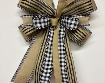 Neutral Farmhouse Wreath Bow, Burlap Gingham Ribbon, Black and Tan Door Decor