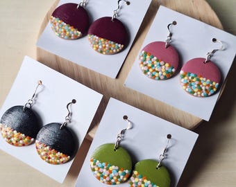 Hand Painted Wooden Dangle Earrings - Colourful Confetti Sterling Silver
