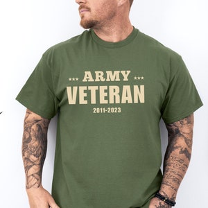 May include: An olive green t-shirt featuring the text "ARMY VETERAN 2011-2023" in tan. The shirt has a crew neck and short sleeves. The text is centrally placed on the front of the garment.